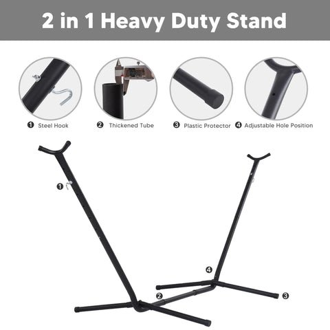 2-In-1 Convertible Backyard Hammock With Stand And Chair, heavy-duty stand showing steel hook, thickened tube, plastic protector.