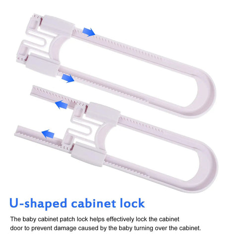 15 Piece U Shaped Adjustable Childproof Cabinet Locks For Kitchen And Living Room ABS Plastic Easy Install Prevents Cabinet Damage Keeps Curious Kids Safe Drawer Safety Latches, showing two white locks