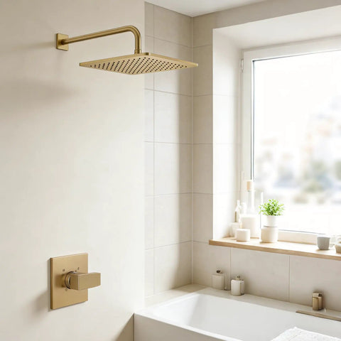 R10000 Series Shower Valve Trim Kit Replacement With Single Handle Shower Handle Set In Champagne Bronze Brushed Finish in modern bathroom