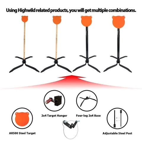 Illustration of AR500 Steel Gong Target Conversion Adapter Kit for Single Post Stands, showing setup options and components.