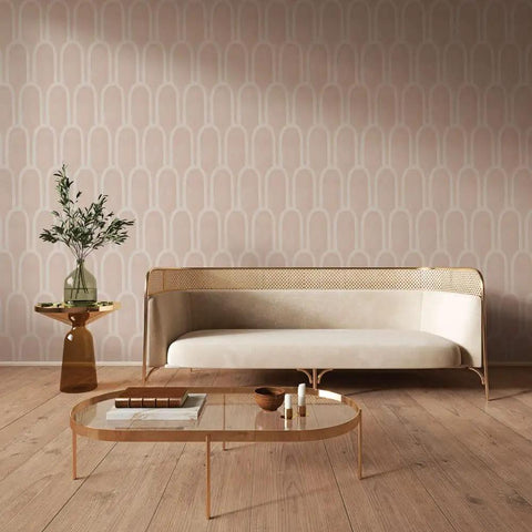 Living room with Queen Emma Pink Removable Peel And Stick Wallpaper Self Adhesive Repositionable Art Deco Design No Residue Mess Free Easy Install 20.5 In By 16.5 Ft Made In The USA