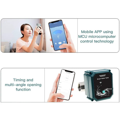 Woman using smartphone app connected to Smart Water Valve For Hose DN25 WiFi Remote Faucet Timer Works With Alexa And Google Home.