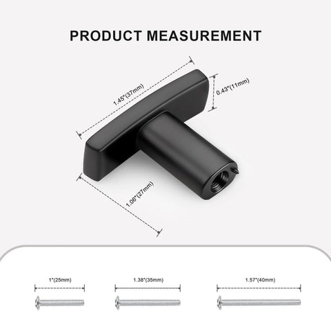 Image showing product measurement of matte black zinc alloy cabinet handle, single hole T bar drawer pull, 37mm length, 27mm projection.