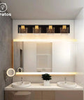 Bathroom with Black And Bronze Vanity Light Fixture With Square Bubble Crystal Panel LED Wall Sconce 4 Lights