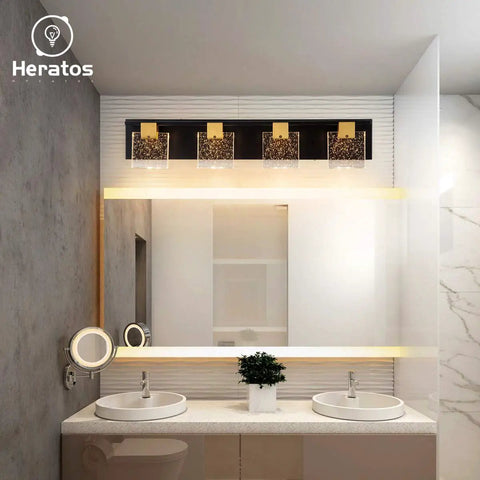 Bathroom with Black And Bronze Vanity Light Fixture With Square Bubble Crystal Panel LED Wall Sconce 4 Lights