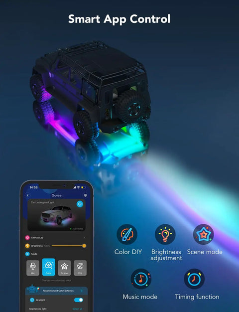 Car Underglow Lights RGBIC Kit With 16 Million Colors and 45 Scene Modes, app-controlled LED lights on SUV, phone app display