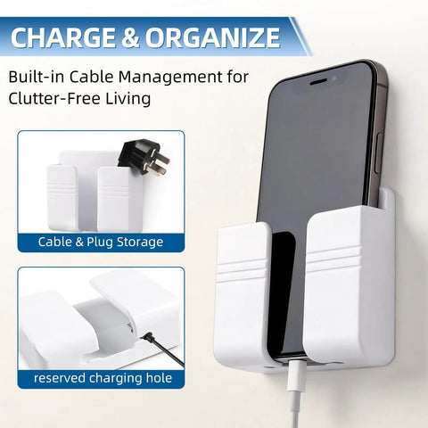 Wall Phone Holder For Camper RV Boat Two Pack White Heavy Duty Adhesive Mount with built-in cable management.