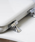 Close-up of snap tight chrome hinges on Elongated White Toilet Seat With Built Tough Enamel Construction and Snap Tight Chrome Hinges That Lock Securely.