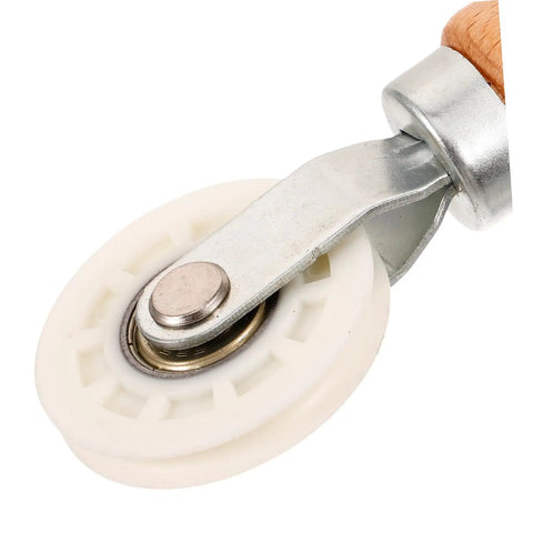 Close-up of the Window Screen Spline Roller Tool With Durable Wooden Handle, featuring a sturdy plastic wheel for easy mesh installation.