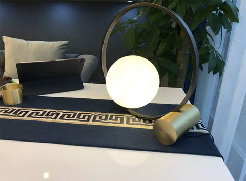 Mid Century Modern Nightstand Lamp In Black Matte Metal With Frosted Glass Globe Round Desk Table Light for home or office