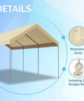 Details of 12x20 Carport Replacement Canopy Cover for Outdoor Use, showing waterproof UV 180G PE top and bungee attachments.
