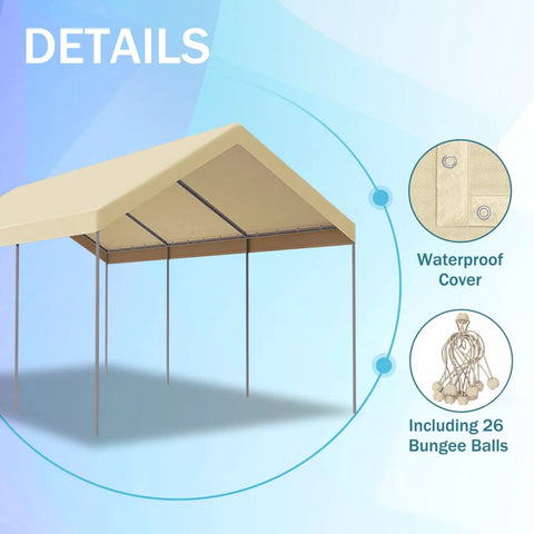 Details of 12x20 Carport Replacement Canopy Cover for Outdoor Use, showing waterproof UV 180G PE top and bungee attachments.