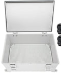 Weatherproof IP65 Junction Box In ABS Plastic With Hinged Shell For Outdoor Electrical Enclosures Includes Mounting Plate And Wall Brackets Grey 15.7 X 11.8 X 7.1 Inches 400 X 300 X 180 Mm DIY Friendly And Rugged, open box with mounting plate and cable glands
