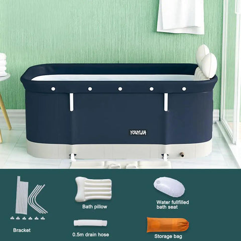 Foldable 47 Inch Bath Tub With Pillow And Bath Seat wide portable spa tub, setup with accessories in a bathroom setting