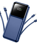 Premium Travel Essential Portable Charger Power Bank With Four Built In Cables And Hella Fast 20000mAh Capacity close-up view.
