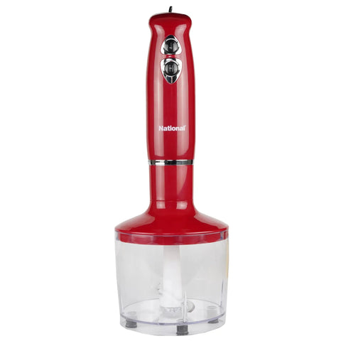 Heavy Duty 4 In 1 Immersion Hand Blender With Rock Solid 500W Motor And Two Speed Settings Featuring Splash Control Tech, red color and clear base.