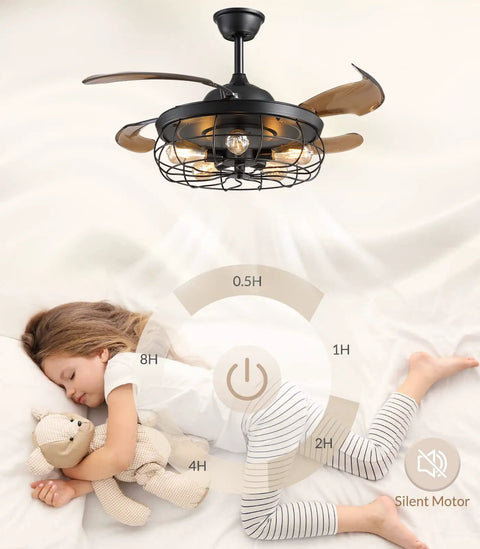 36 Inch Retractable Blade Ceiling Fan With Lights Remote Control, Industrial Farmhouse Chandelier Vibe above sleeping child