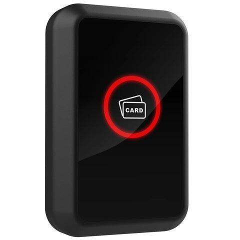 125KHz RFID Card Reader With Wiegand 26 Bit Or Wiegand 34 Bit For Door Access Control System Outdoor IP66 Waterproof Buzzer And Dual Color LED Indicator, black rectangular device with card symbol and red LED ring.