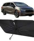 Custom Fit Windshield Sun Shade Umbrella For Honda Odyssey 2018 Through 2026, showing black umbrella structure and minivan.