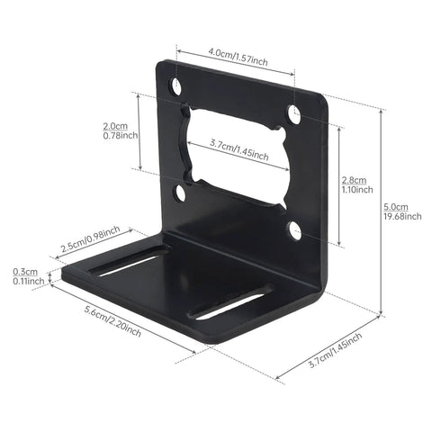 Image showing dimensions of L-shaped steel bracket for Four Pack JGY370 Worm Motor Mount Brackets, 3mm thick, with screws for motors.