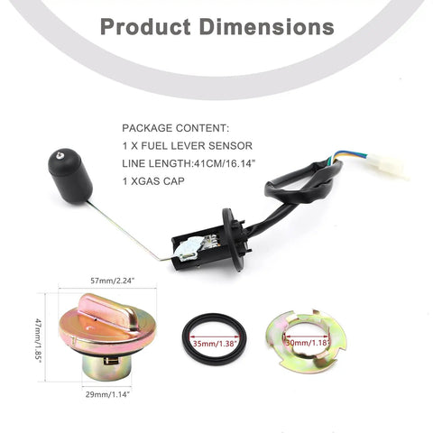 Gas Tank Level Sensor Float Kit And Cap For GY6 4 Stroke Scooters And Mopeds with dimensions shown, includes sensor and cap