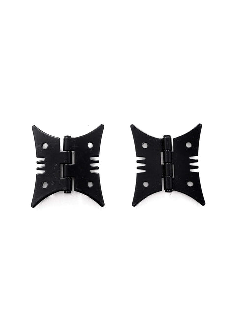 Two black butterfly hinges from the Rustic Speak Easy Door Latch And Decorative Hinge Kit with One Latch, Two Butterfly Hinges and Twelve Black Mounting Screws for Old West Tavern Style Doors Latch Size 3 1/4 In By 1 In By 1 In Hinges 2 In By 2 3/8 In