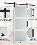 38 X 84 Inch Three Lite Frosted Glass and Wood Paneled Barn Door With Installation Hardware Kit, design details visible