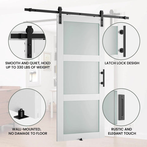 38 X 84 Inch Three Lite Frosted Glass and Wood Paneled Barn Door With Installation Hardware Kit, design details visible