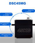 Pro Grade Heavy Duty Digital Steering Servo DSC45MG 45kg Torque Metal Case details with torque stats for RC builds.