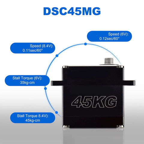 Pro Grade Heavy Duty Digital Steering Servo DSC45MG 45kg Torque Metal Case details with torque stats for RC builds.