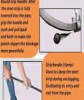 Steel Drain Snake And Cleaning Tape Featuring 20 Meter Cable Auger To Bust Stubborn Clogs In Manhole Main Pipe And Drain With Extra Wide 5cm Heavy Duty Tape For Tough Plumbing Chores round grip handle for effective clog removal.