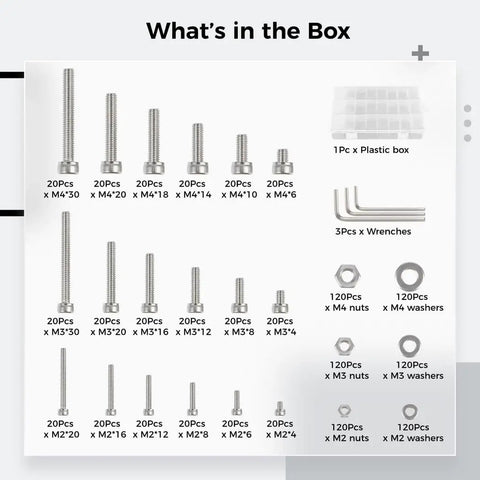 All In One Hex Screws Nuts Washers Kit 1080 Piece Set M2 M3 M4 Stainless Steel With 3 Wrenches For Home Repairs Woodworking And DIY Projects Great For Home Maintenance And Quick Fixes, assorted screws and hardware in box