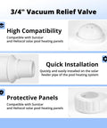 3/4-inch vacuum relief valve for solar pool heating panels, white PVC; shows valve body, threaded inlet, and protective panel.