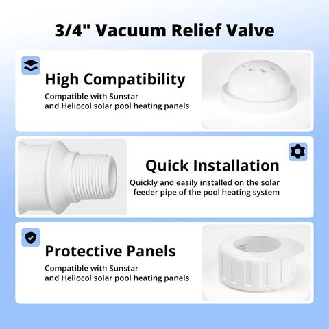 3/4-inch vacuum relief valve for solar pool heating panels, white PVC; shows valve body, threaded inlet, and protective panel.