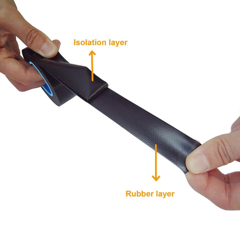 Hands peeling isolation layer off Six Pack Self Fusing Rubber Tape For Electric Cable Splicing And Pipe Water Leak Repair 1 Inch By 10 Feet 6 Rolls DIY Friendly Heavy Duty High Temperature Resistant Weatherproof Sealant For Outdoor Electrical And Plumbing Leaks