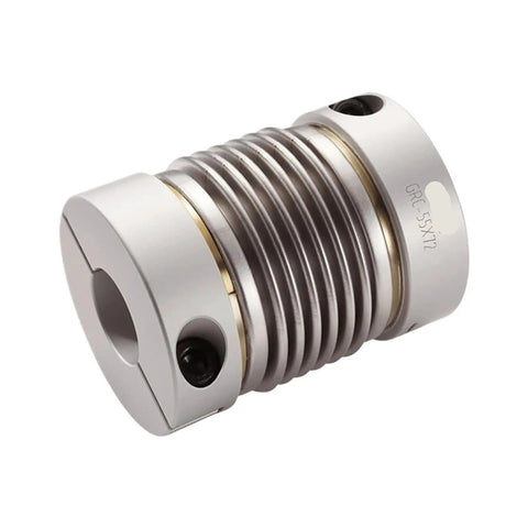 Premium GRC 55X72 Flexible Bellows Shaft Coupling with Aluminum Dual Clamping Hubs, featuring a metal bellows body.