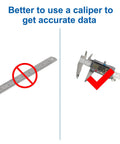 Comparison between ruler and digital caliper for accurate measurements, highlighting caliper's precision with a check mark.