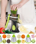 Ultimate Hand Crank Cheese Grater With Three Interchangeable Stainless Steel Drums For Cheese, Vegetables, And Fruits, Stable Suction Base For Easy Rotary Operation, Green Kitchen Must Have Chef Kiss, hand crank grater with cheese on counter