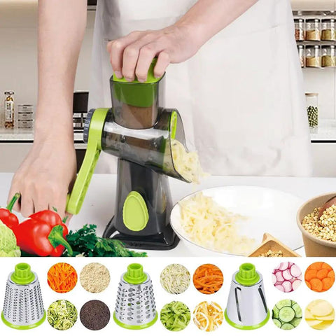 Ultimate Hand Crank Cheese Grater With Three Interchangeable Stainless Steel Drums For Cheese, Vegetables, And Fruits, Stable Suction Base For Easy Rotary Operation, Green Kitchen Must Have Chef Kiss, hand crank grater with cheese on counter