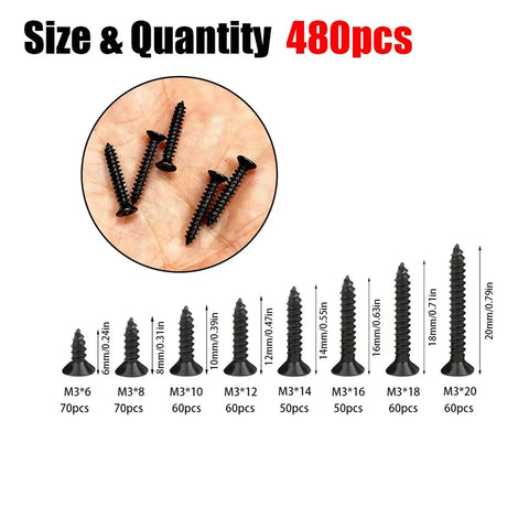 Massive 480 Pack Black Self Tapping Wood Screws 6mm To 20mm Phillips Drive size chart