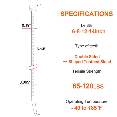 Specifications of Beefy Heavy Duty 400 Piece Zip Ties Assorted Pack With Double Sided Toothed Design 6 8 12 14 Inch Sizes 100 Lb Tensile Strength Adjustable Self Locking Nylon Cable Ties For Indoor And Outdoor Use shown with detailed measurements and features.