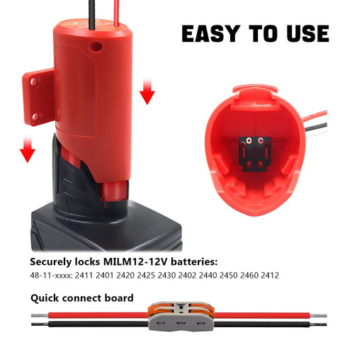 Milwaukee M12 12V Battery Adapter Converter Kit with wire terminals and 14 AWG wires showcasing easy connection design.