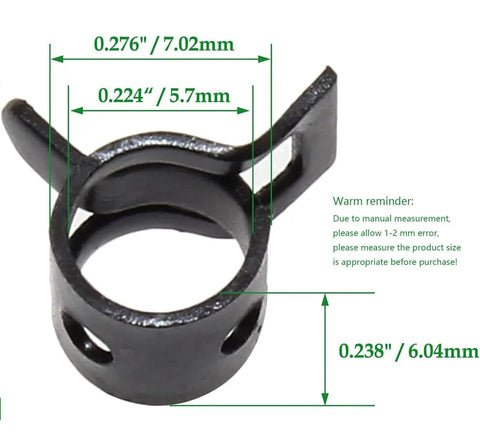 Close-up of black Rierdge spring band hose clamp, 1/4 in ID, fits 6.5–7.2 mm hoses.