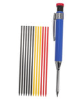 Solid Grip Mechanical Carpenter Pencil Set With Interchangeable Refills Featuring Wide Mouth Deep Hole Marker Heavy Duty Woodworking Gear For Framers Inspectors And Tradesmen Tight Fit Build Job Site Ready with assorted color leads and blue housing.
