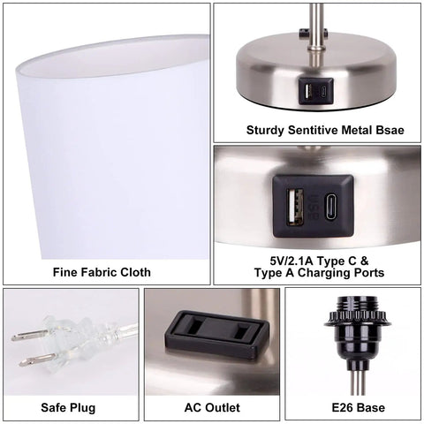 Close-up of Set Of Two Bedside Lamps With Easy Tap Control 3 Way Dimmable USB A And USB C Charging Ports E26 LED Bulbs Included details