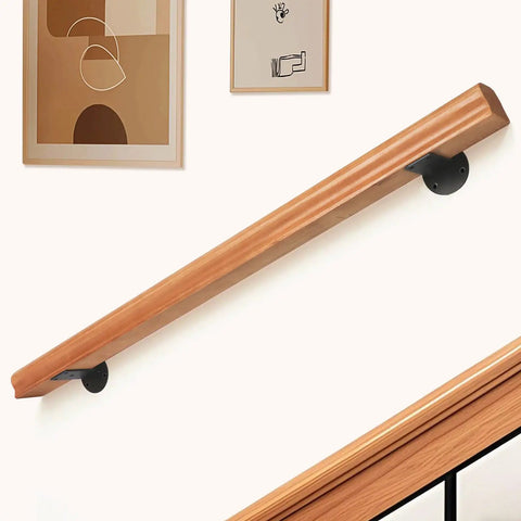 Rock Solid 2 Ft Premium Wood Stair Handrail For Indoor Outdoor Walls with black brackets on wall in modern home setting.