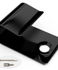 Hidden Deck Start Clips For Grooved Composite Decking with hidden fasteners, screws, and tool in black, close-up view.