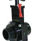 Front view of Valterra 7108X ABS gate valve, black plastic body, 1-1/2 in FPT x MPT, red keeper