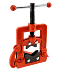 Workhorse Heavy Duty Pipe Vise For 0.4 To 2.4 Inch Tubing Cast Iron Bench Vice with red frame and hardened steel jaws.