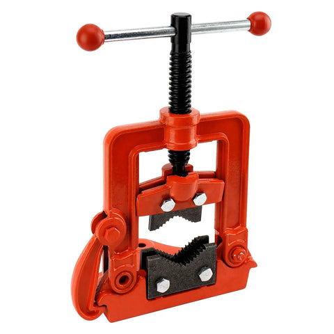 Workhorse Heavy Duty Pipe Vise For 0.4 To 2.4 Inch Tubing Cast Iron Bench Vice with red frame and hardened steel jaws.